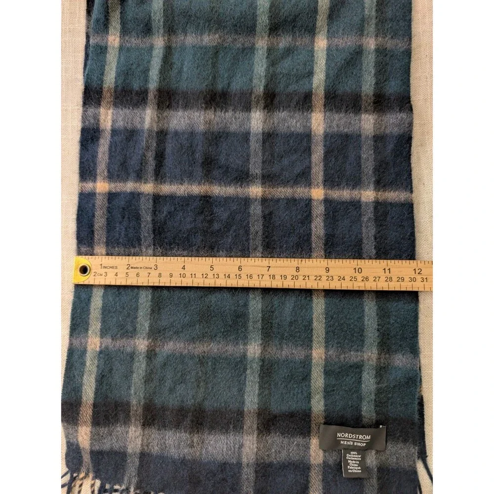 Nordstrom 100% Cashmere Men's Plaid Scarf Navy/Green Fringe 12